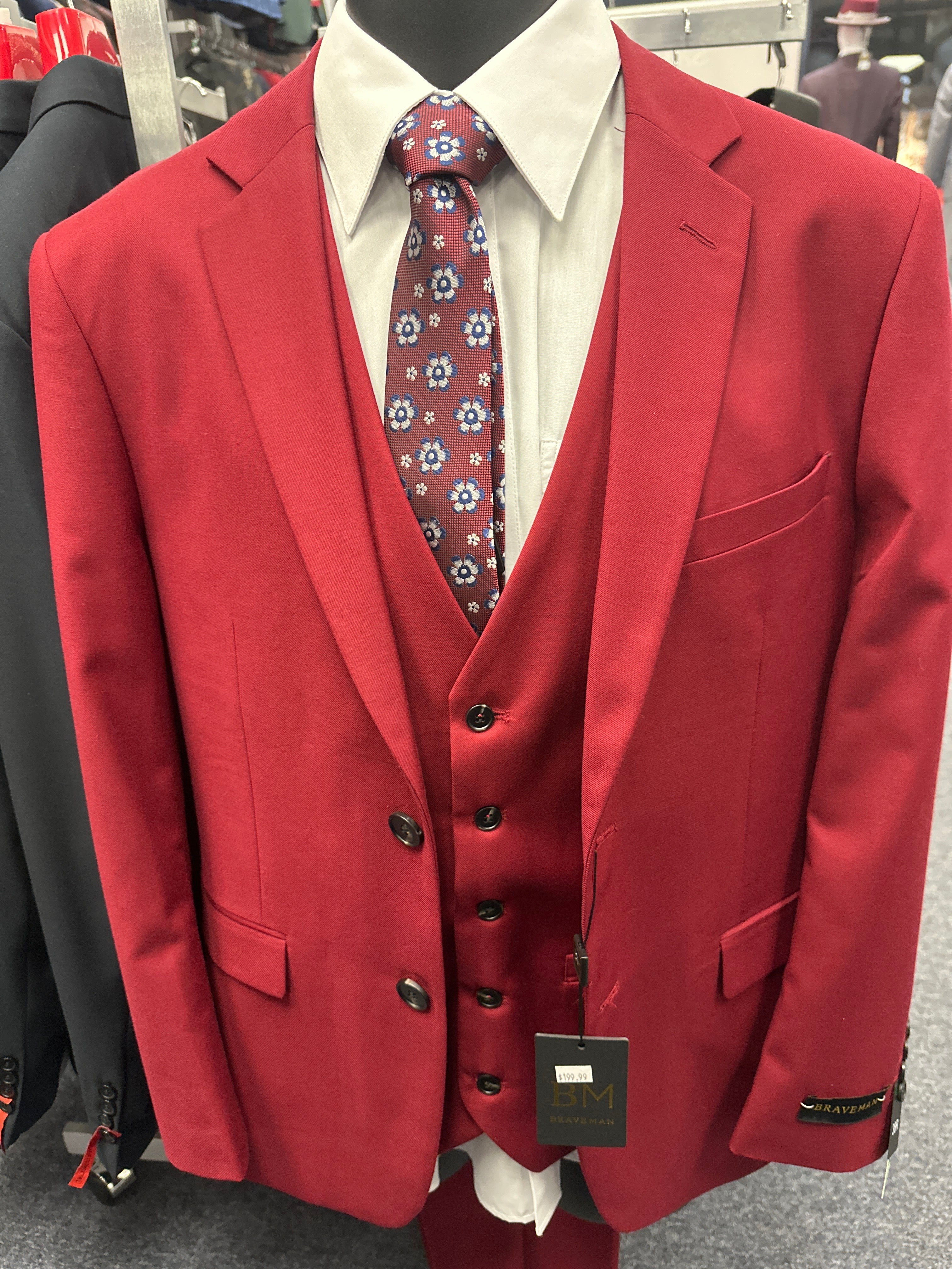 Braveman Red 3 Piece Slim Fit Suit - M300