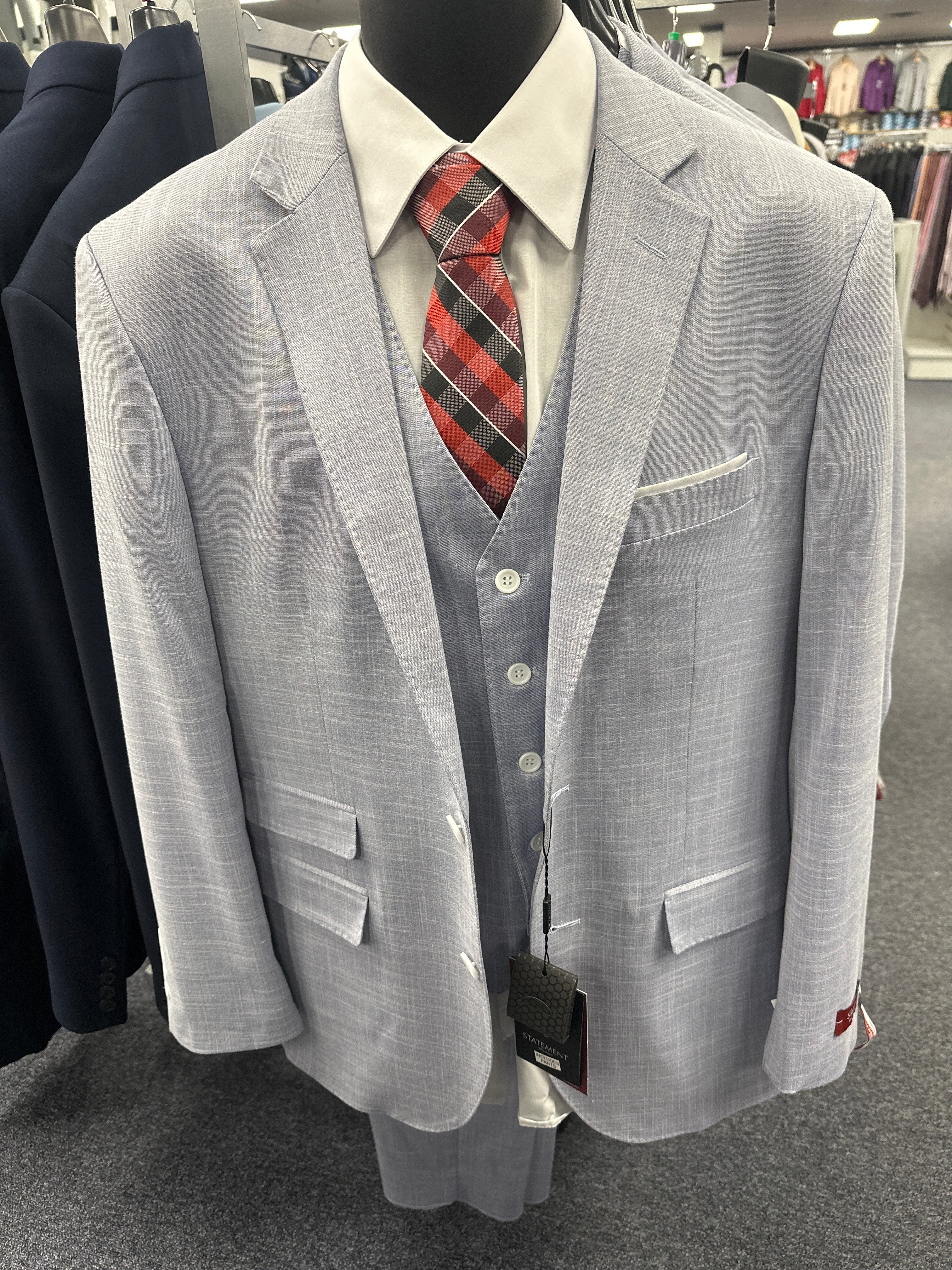 Statement Sky Blue 3 Piece Textured Tailored Fit Suit - Larzo