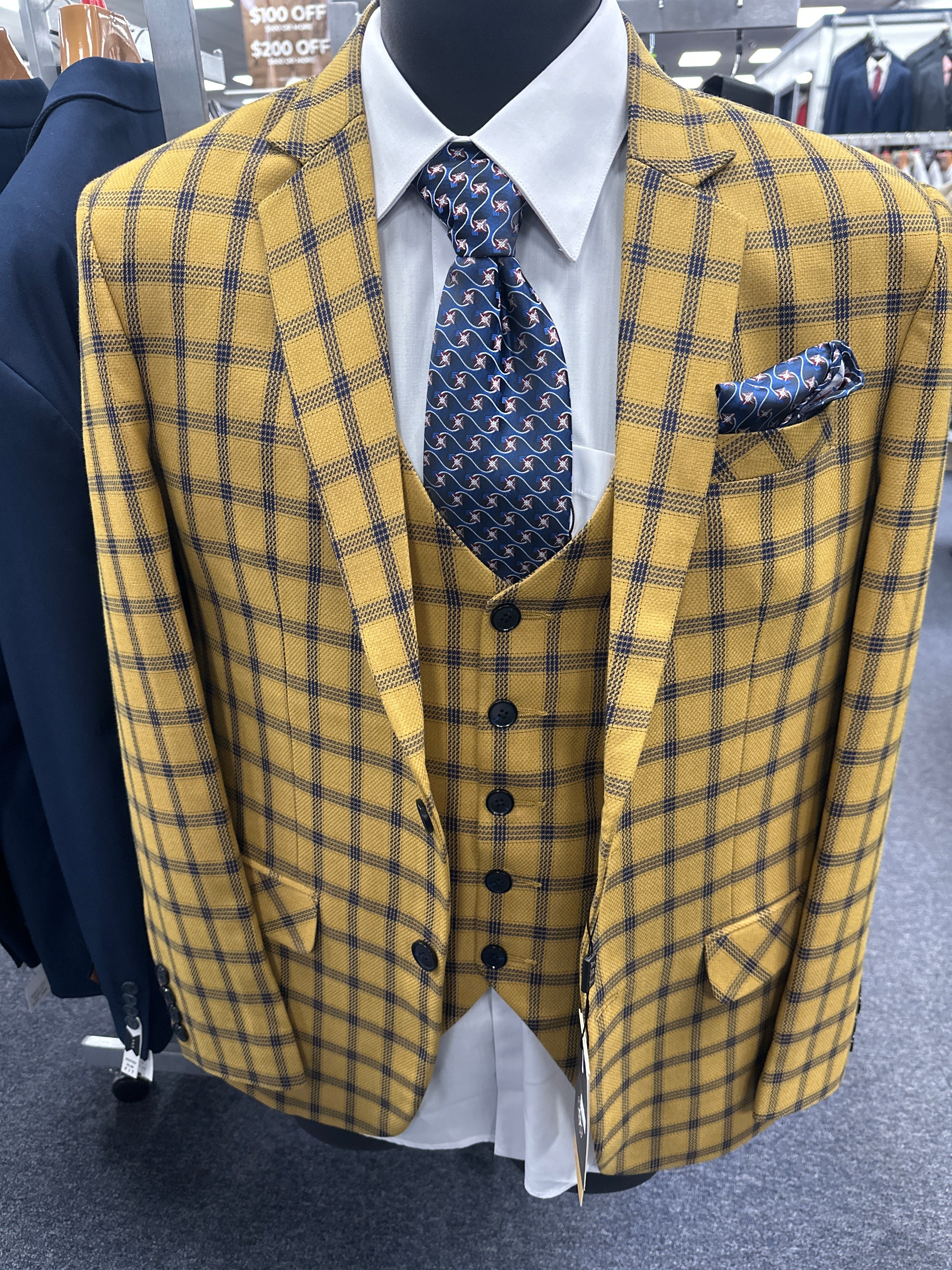 TNF Plaid Yellow 3 Piece Slim Fit Suit