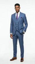 TNF Plaid Light Blue 3 Piece Slim Fit Suit