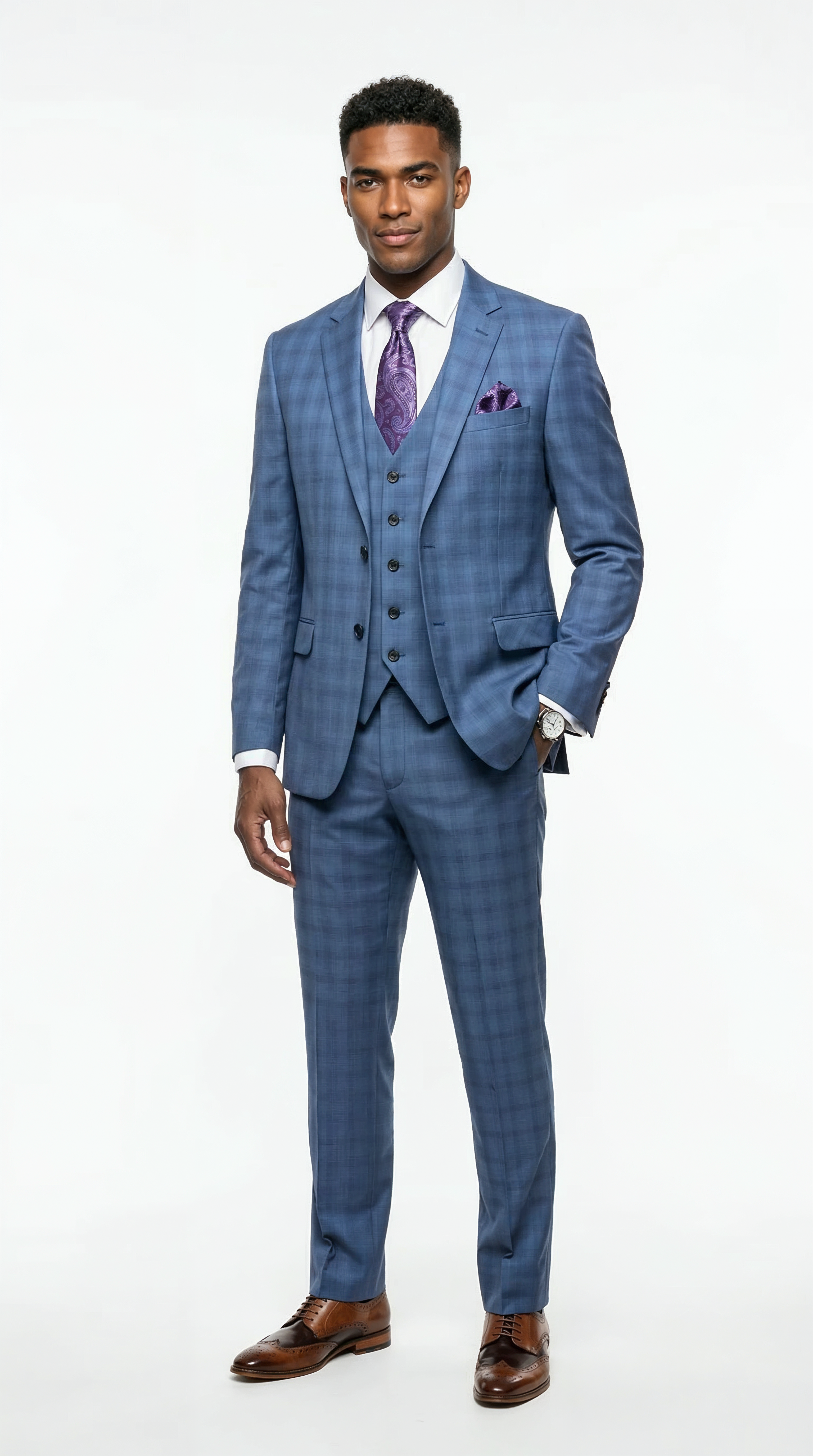 TNF Plaid Light Blue 3 Piece Slim Fit Suit
