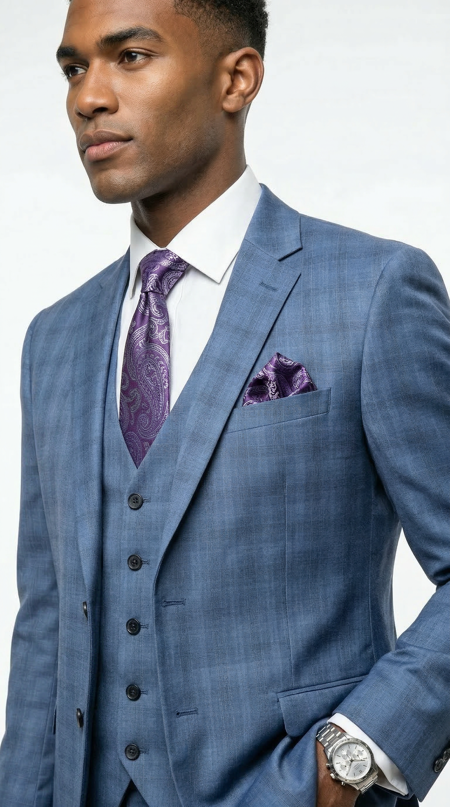 TNF Plaid Light Blue 3 Piece Slim Fit Suit