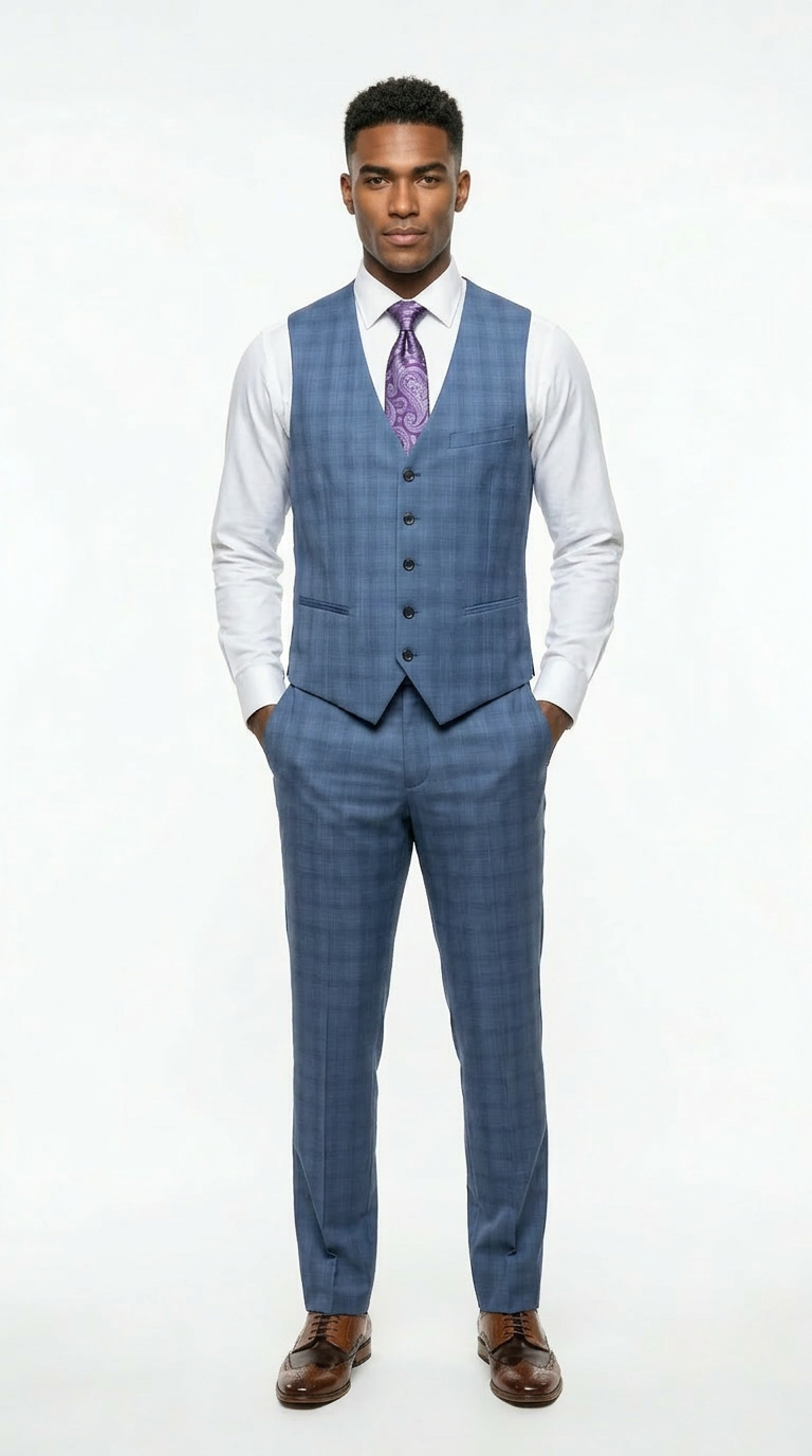 TNF Plaid Light Blue 3 Piece Slim Fit Suit