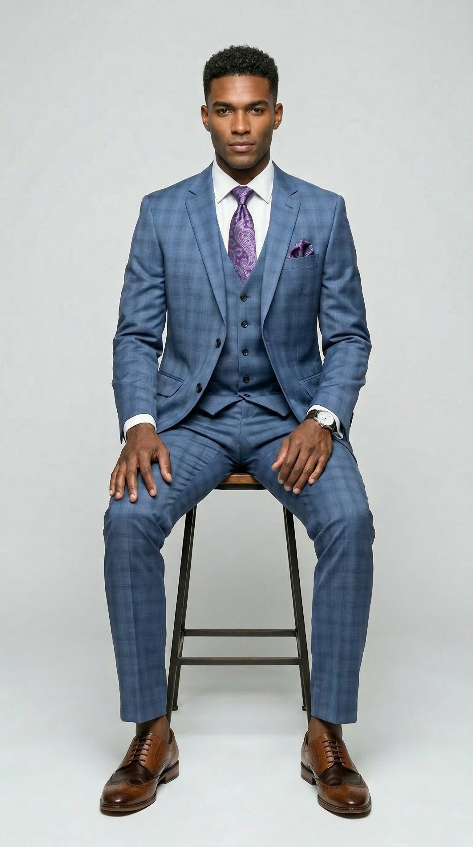TNF Plaid Light Blue 3 Piece Slim Fit Suit
