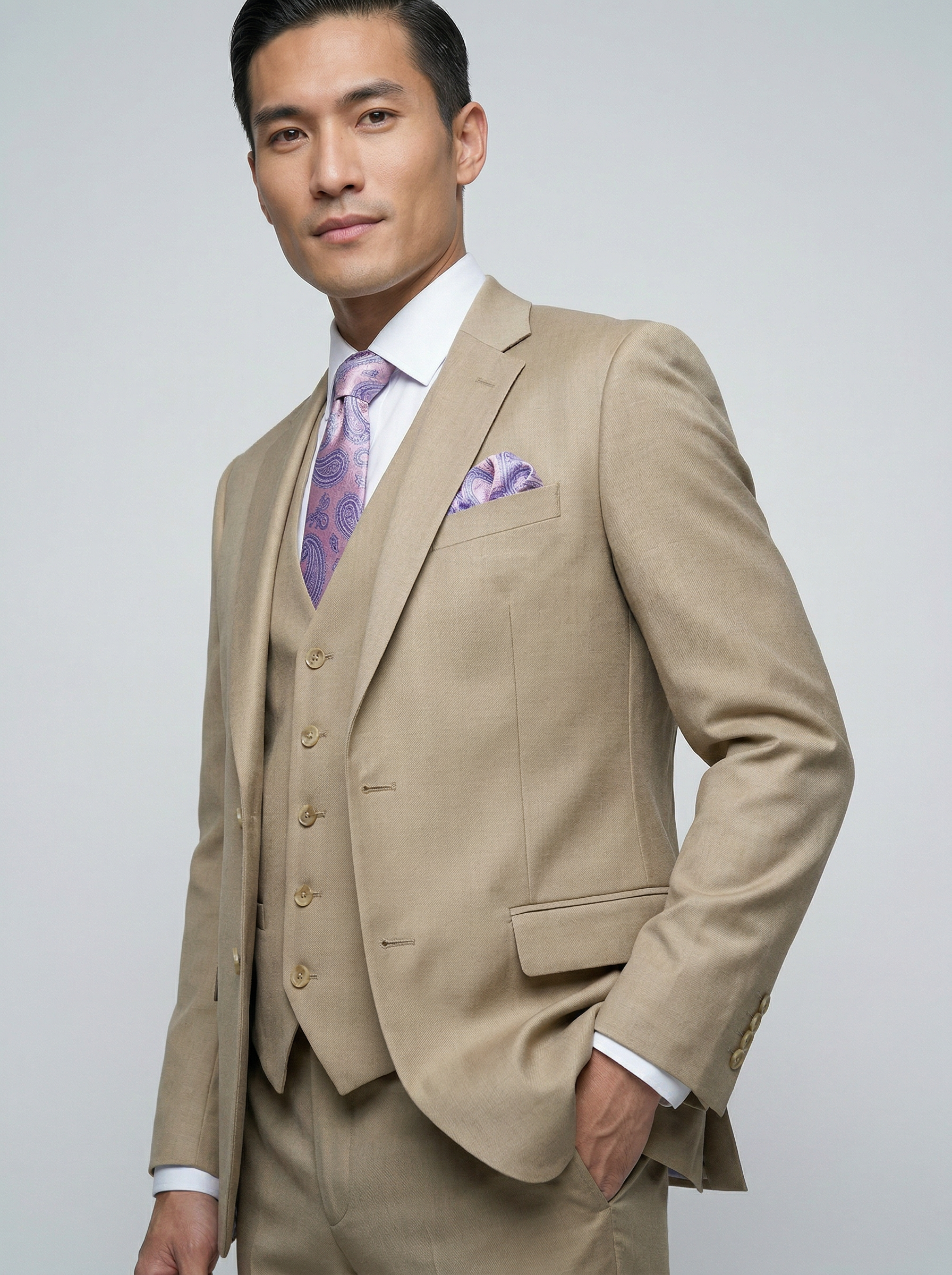 Beige 3 Piece Classic Fit Creativo Suit