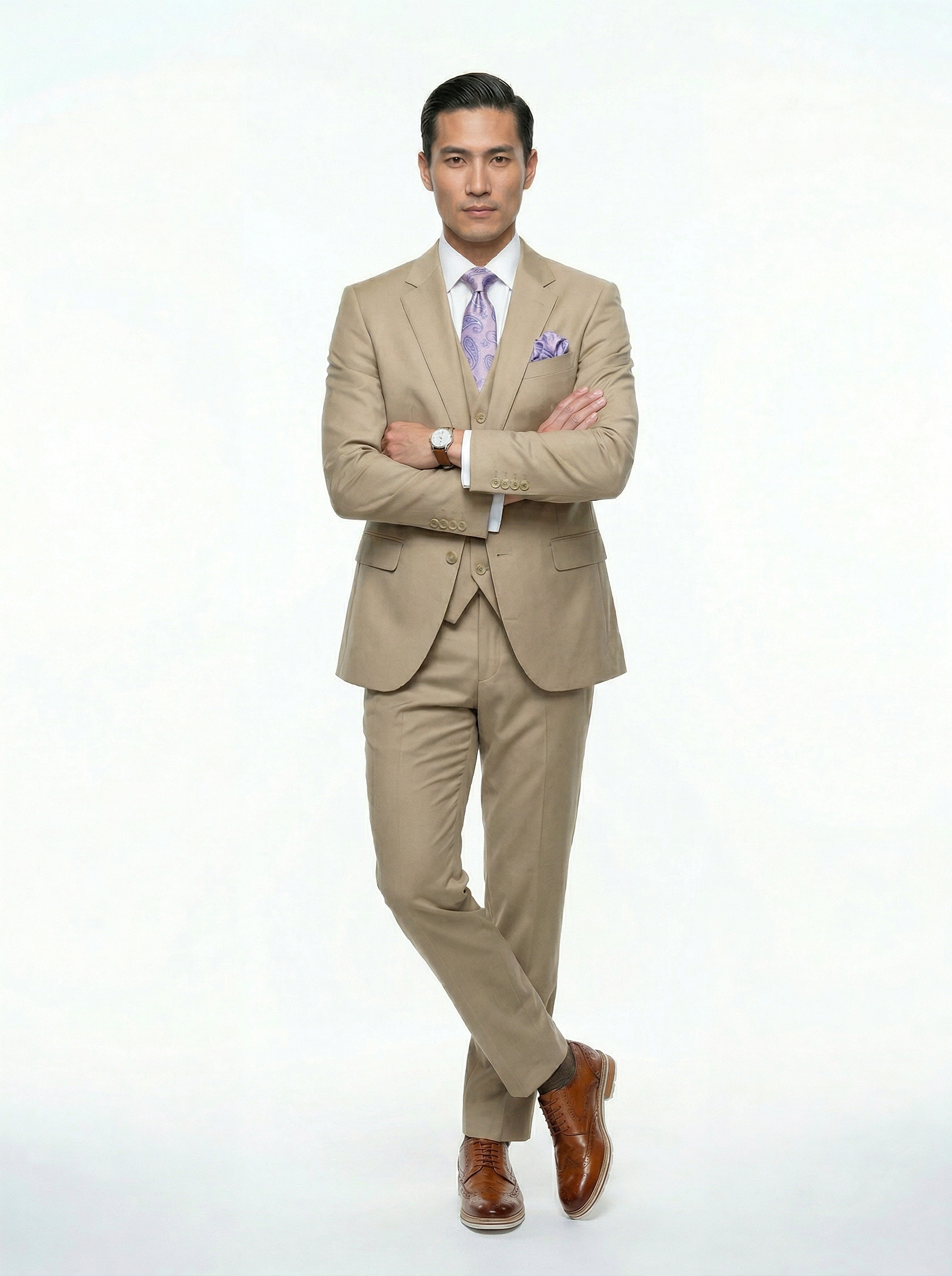 Beige 3 Piece Classic Fit Creativo Suit