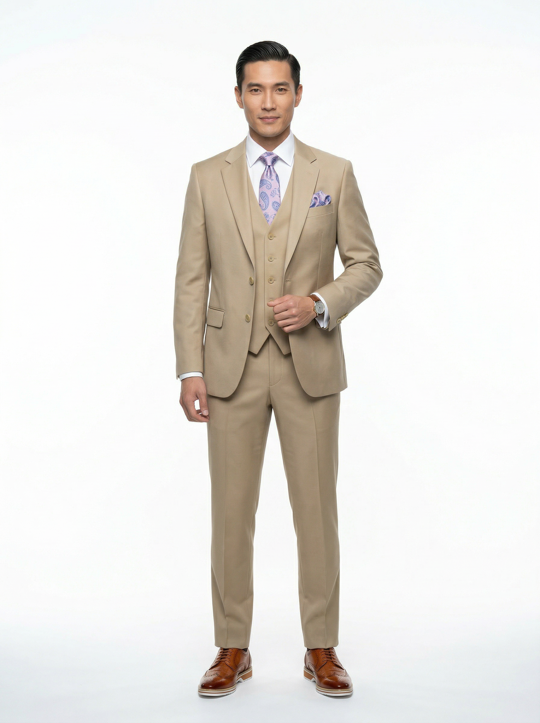 Beige 3 Piece Classic Fit Creativo Suit